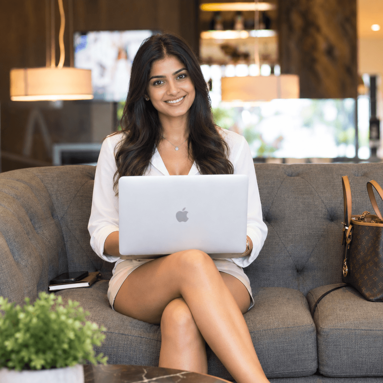 Adviser seated with a laptop in a relaxed meeting space, ready for a conversation.