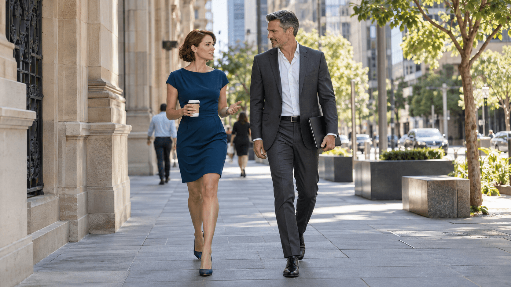 Senior business leaders walking through a city district while discussing strategy.