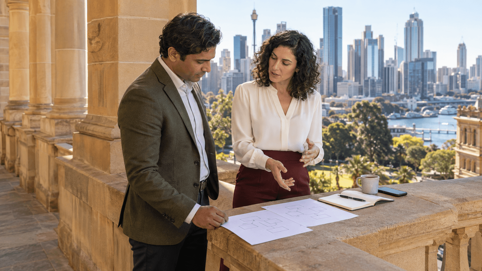 Two advisers reviewing a business structure diagram overlooking the city.