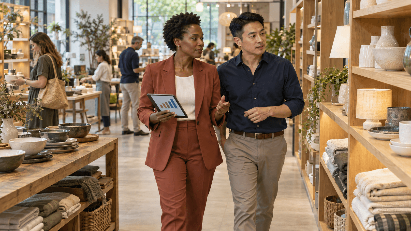 Advisers discussing business data while walking through a retail operation.