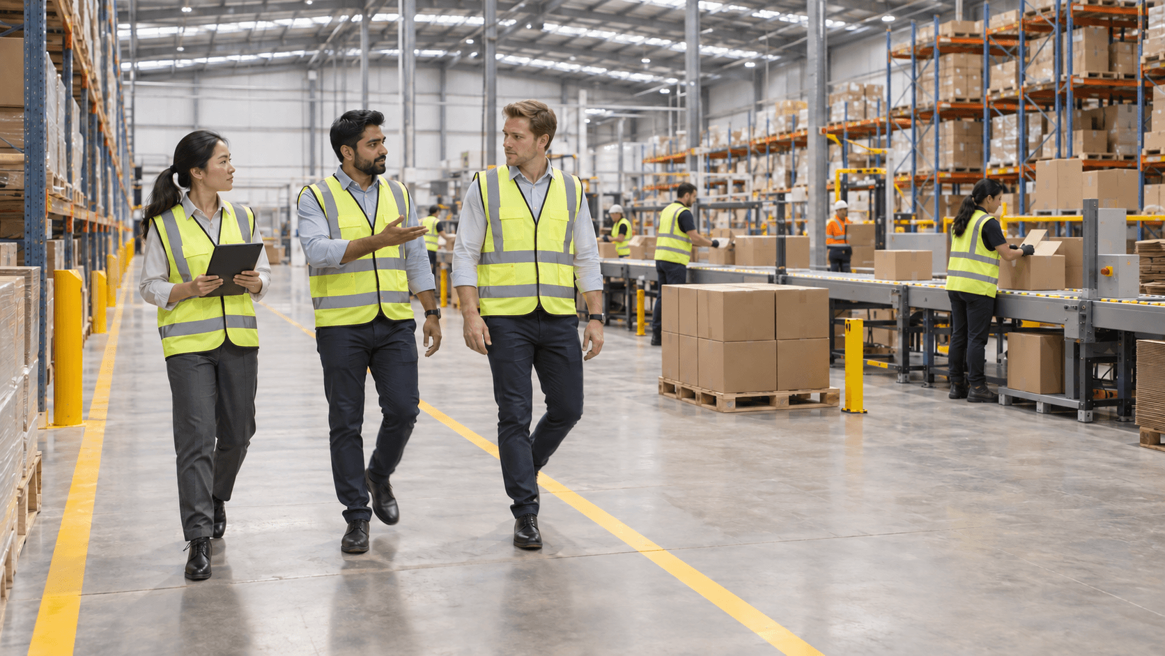 Operations leaders reviewing systems while walking through a working warehouse.