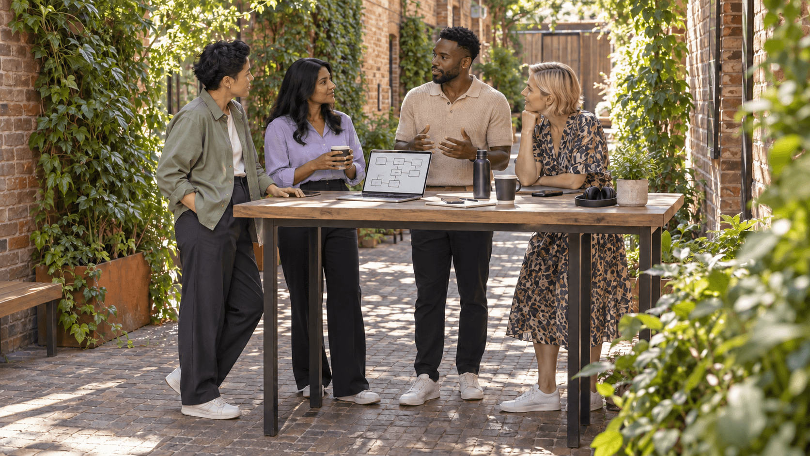 Business team discussing a process workflow around a laptop in a courtyard.