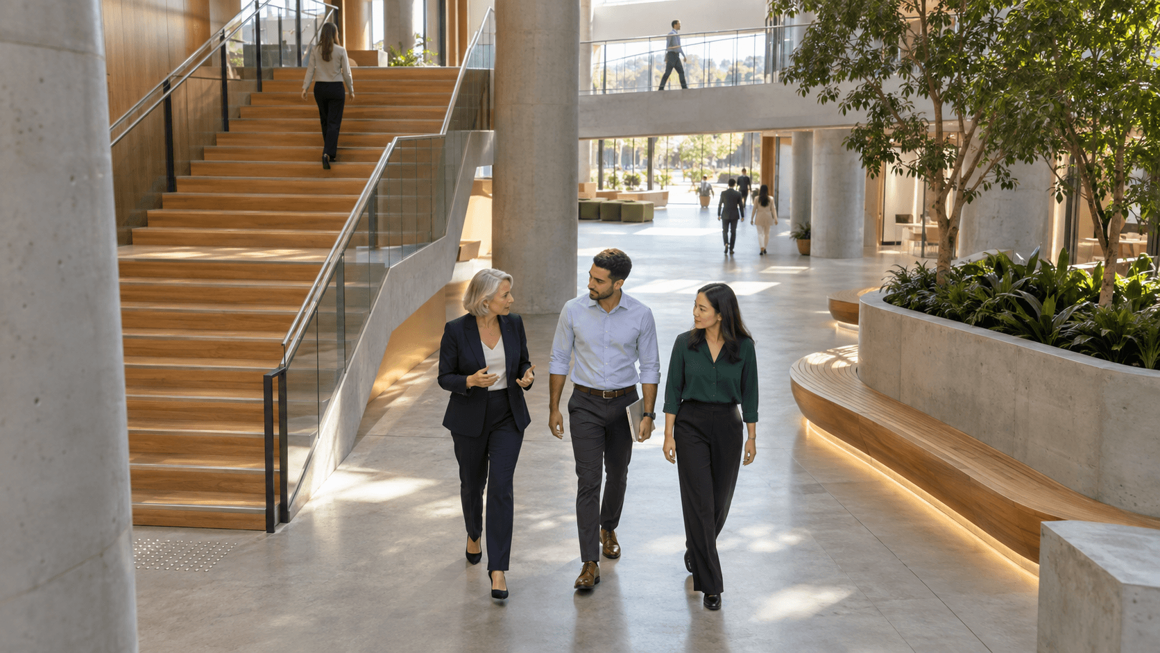 Finance leaders discussing transformation while walking through a modern workplace.