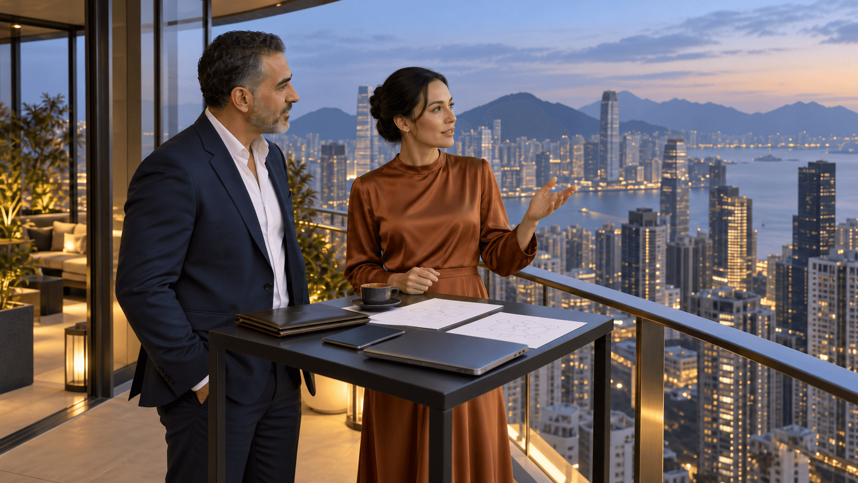 Advisers discussing cross-border business structure overlooking an international city.