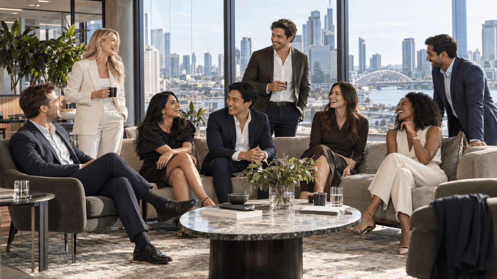 Business leaders sharing ideas in a contemporary workplace.