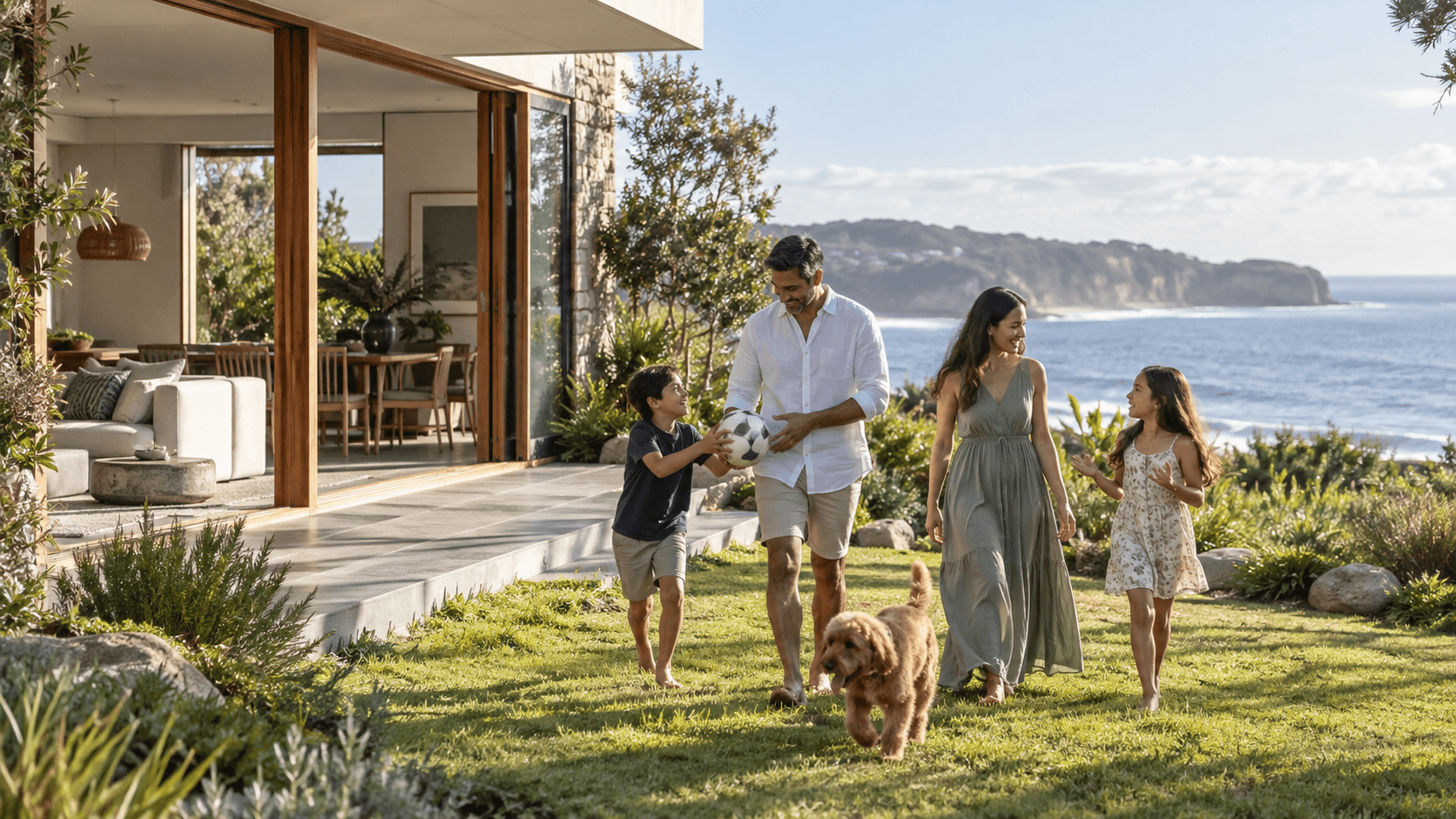 A family walking together through the garden of a coastal home.
