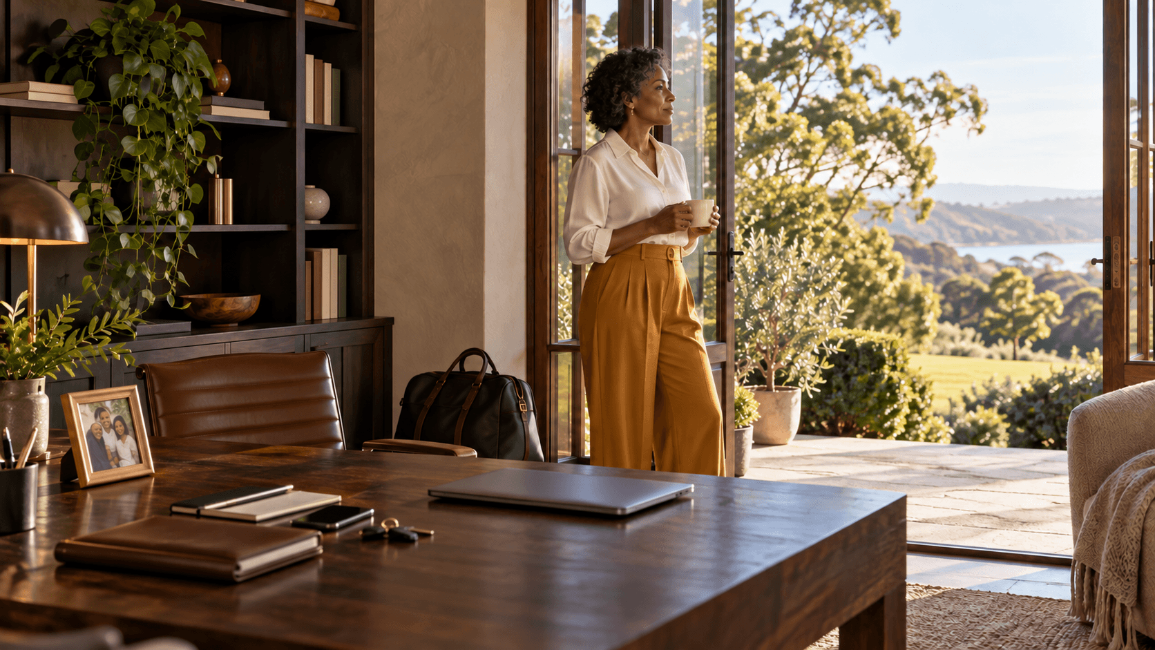 A business owner working from a calm home office.