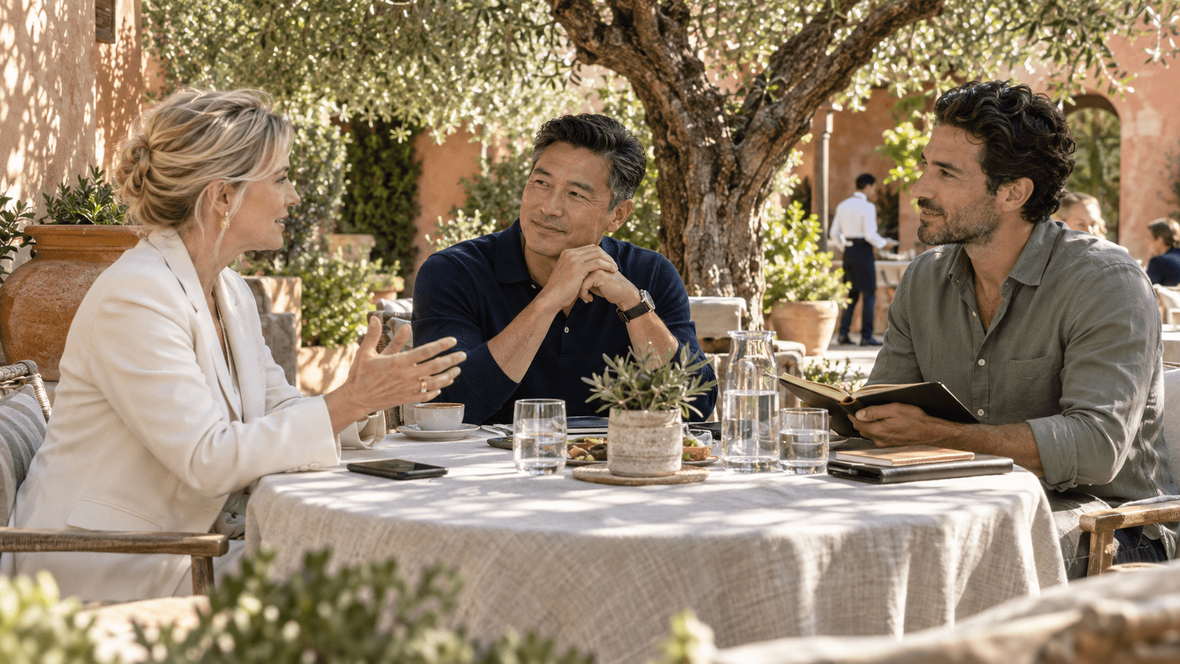 Several professional advisers in conversation around one table.