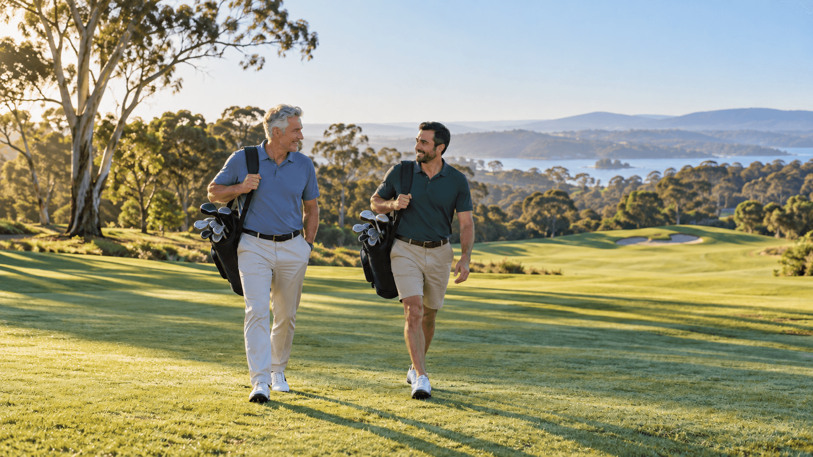 Two generations enjoying time together on a golf course.