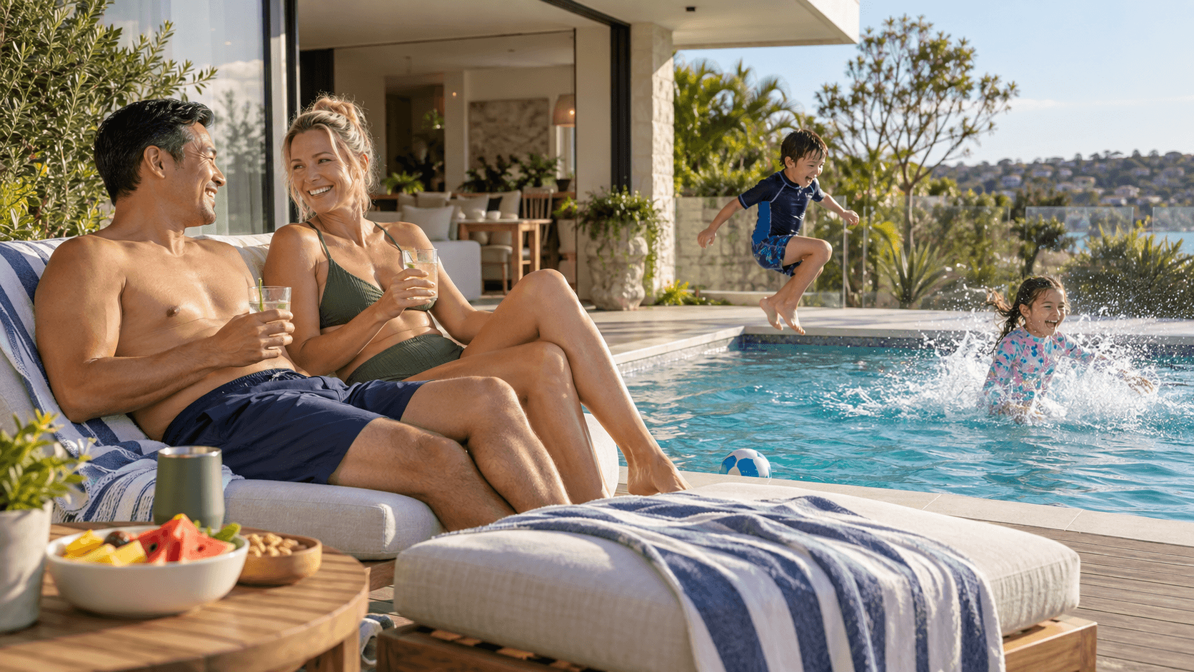 A family spending time together beside a swimming pool.