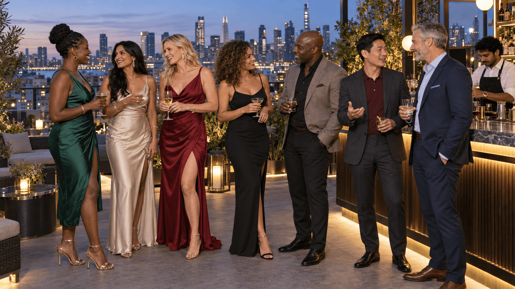 Friends and colleagues gathering on a rooftop overlooking the city.