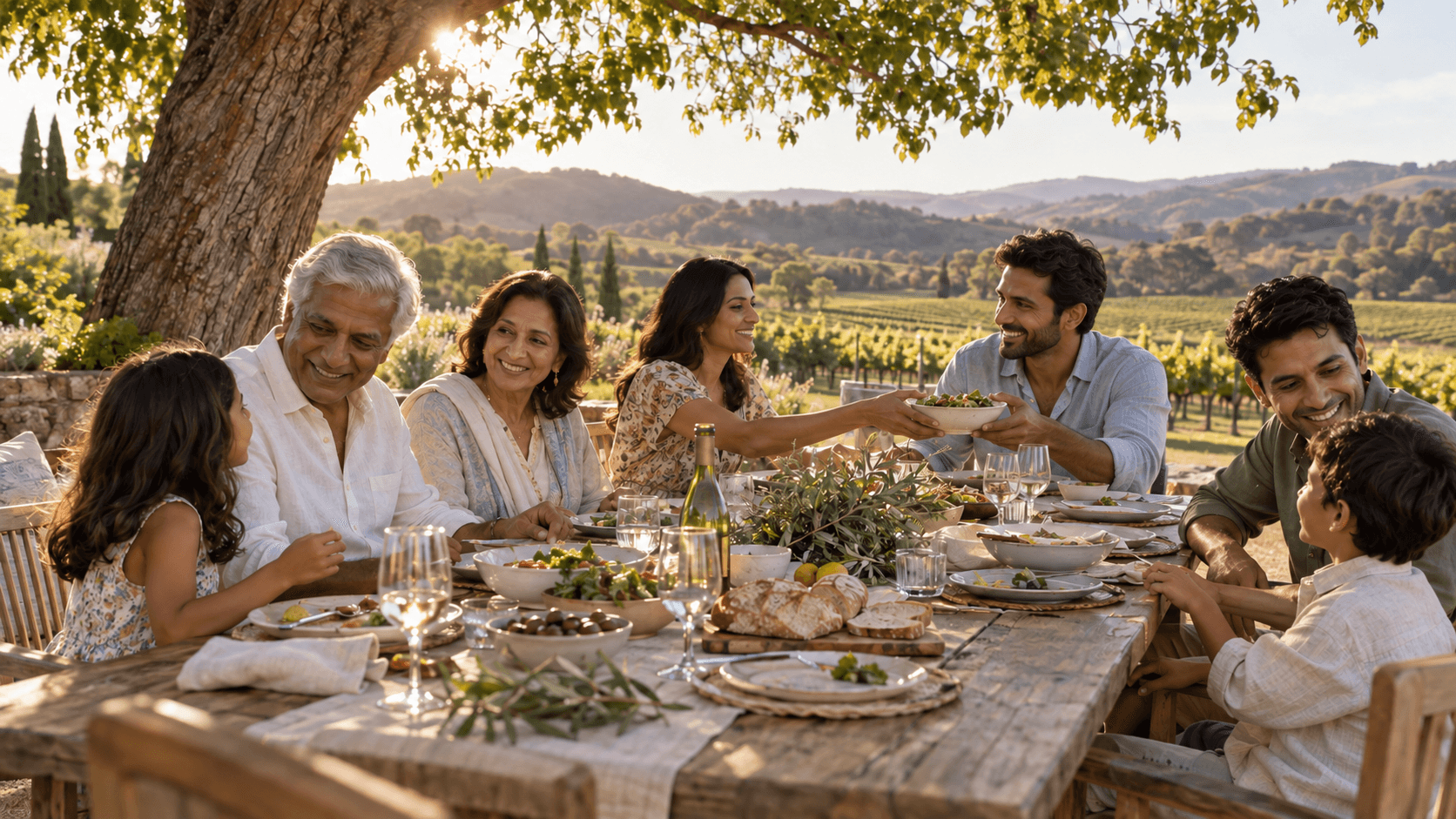 Several generations of a family sharing a meal outdoors.