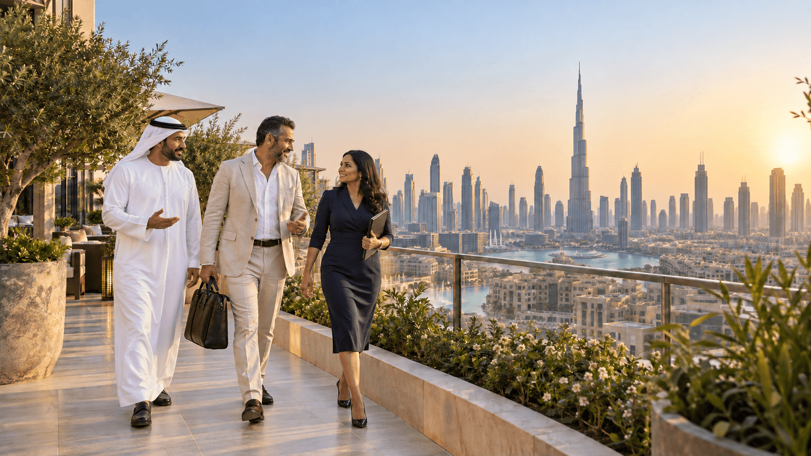 Business professionals in Dubai with the Burj Khalifa visible across the skyline.