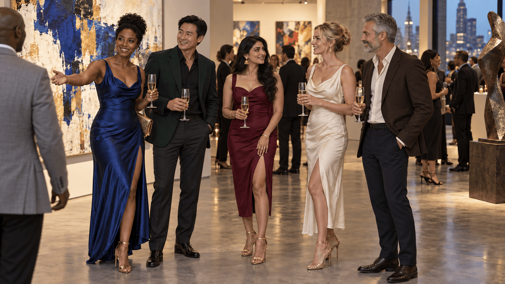 A group in conversation at an evening gallery gathering.