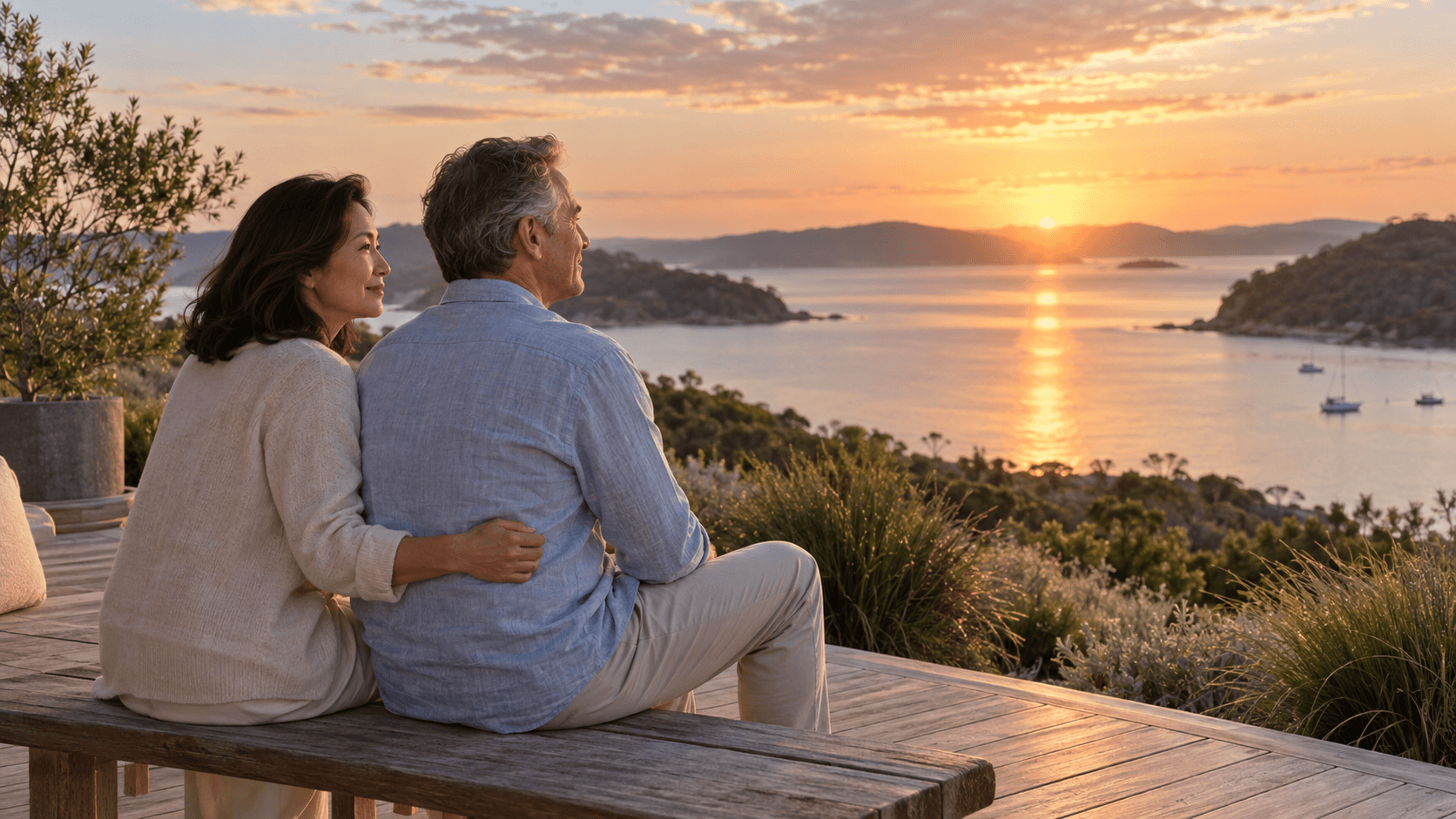 A couple looking across the coast at sunset.
