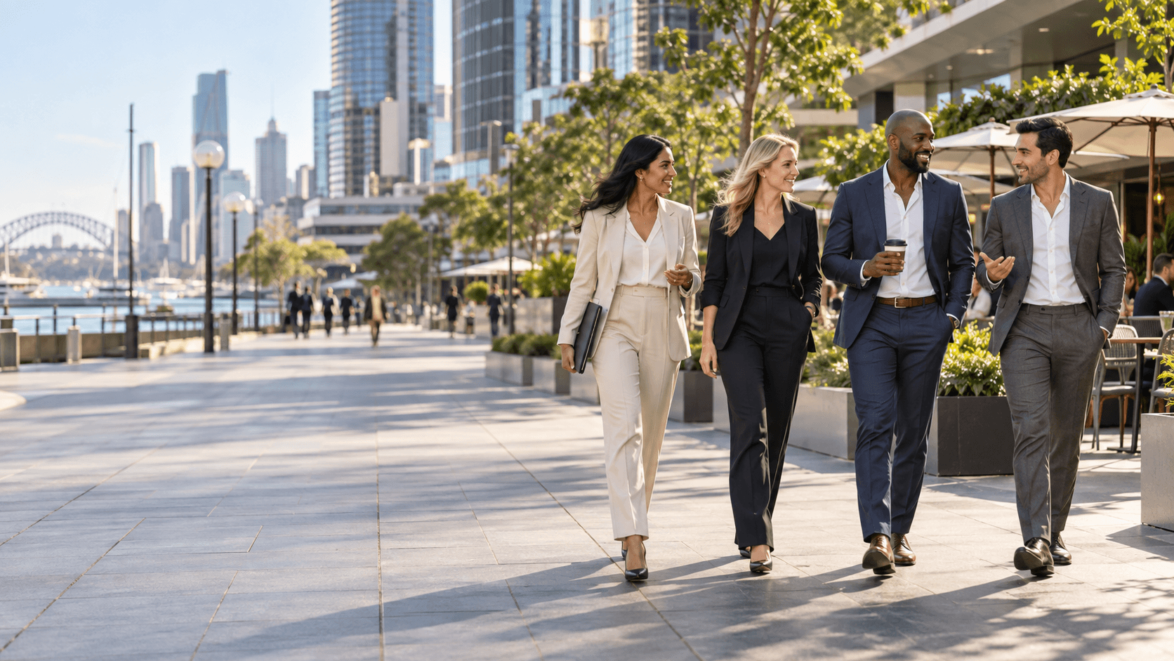 Business leaders discussing plans while walking through a city precinct.