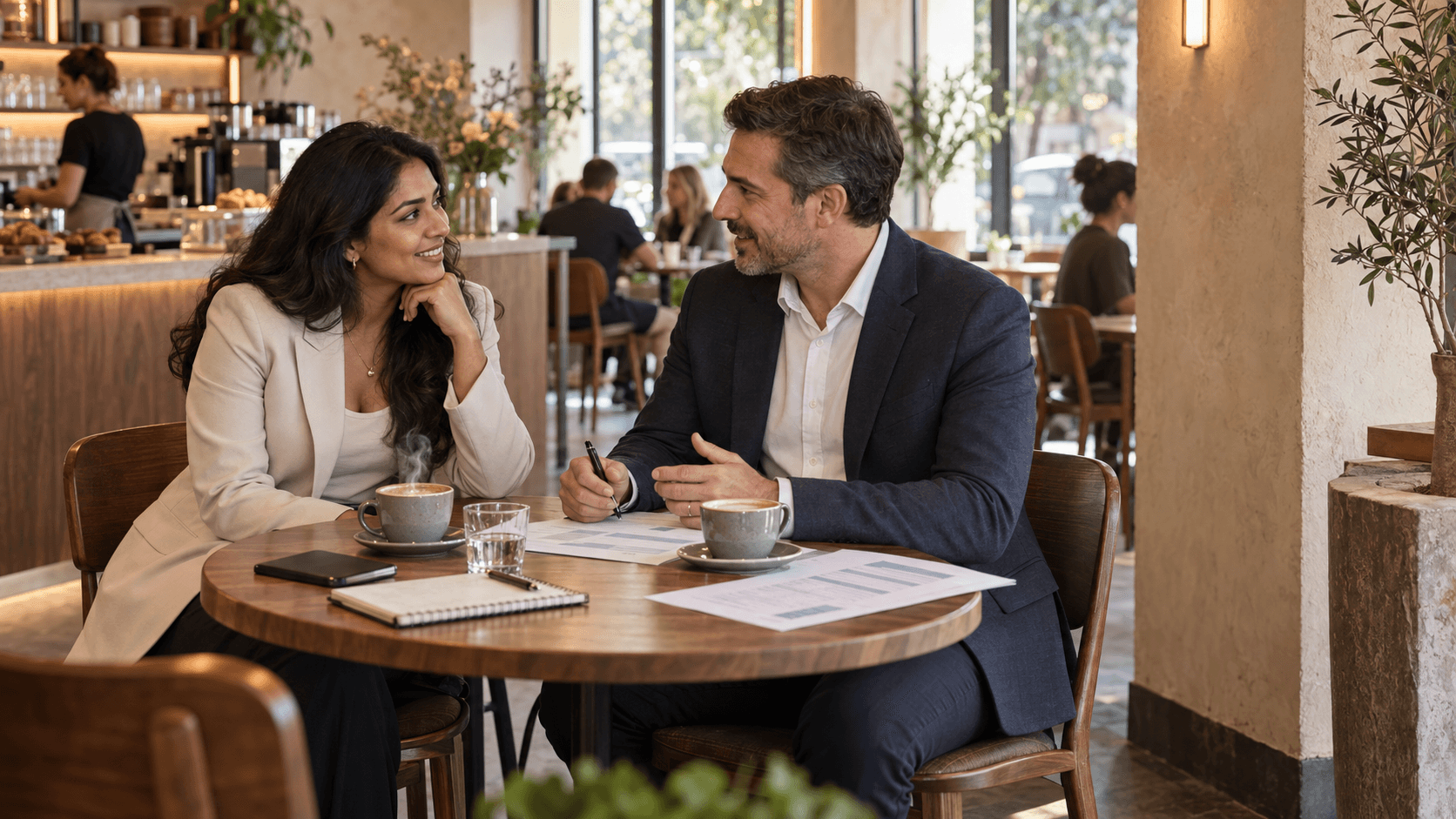 Business owner and adviser discussing financial documents over coffee in a café.