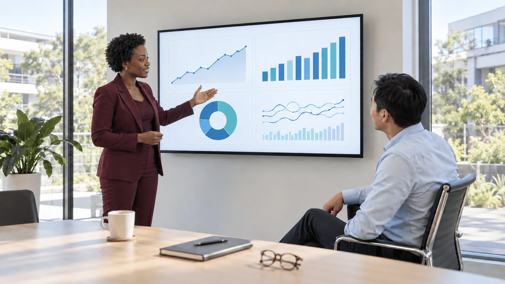 Colleagues discussing performance trends shown on a business dashboard.
