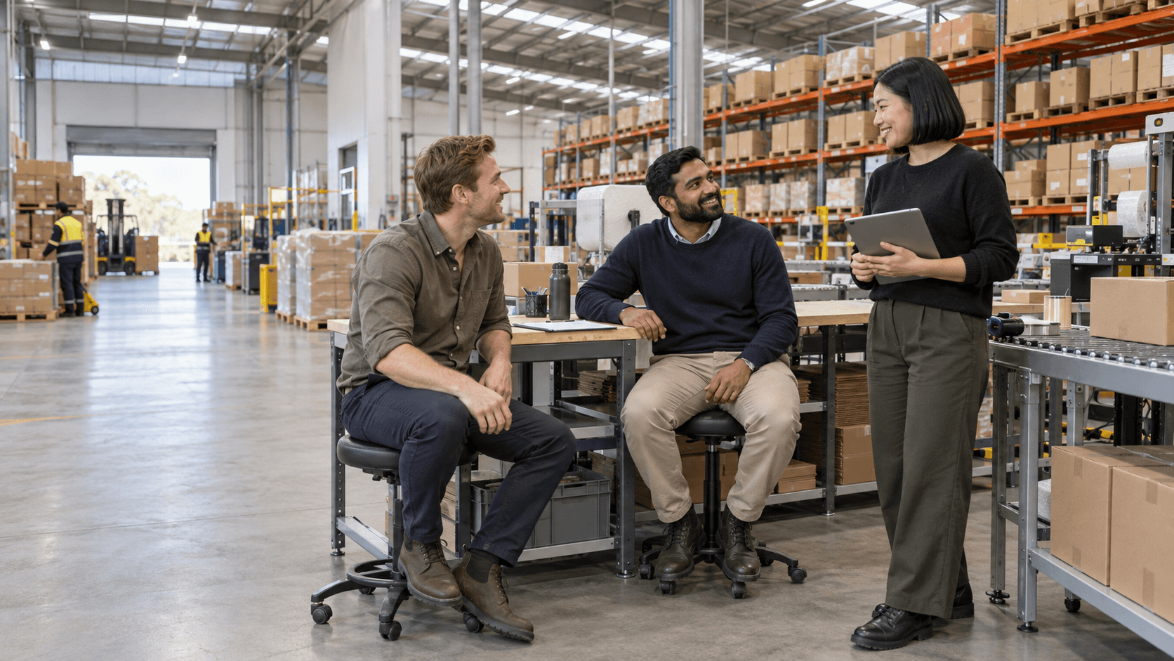 Team reviewing improved systems on a tablet at a working warehouse station.