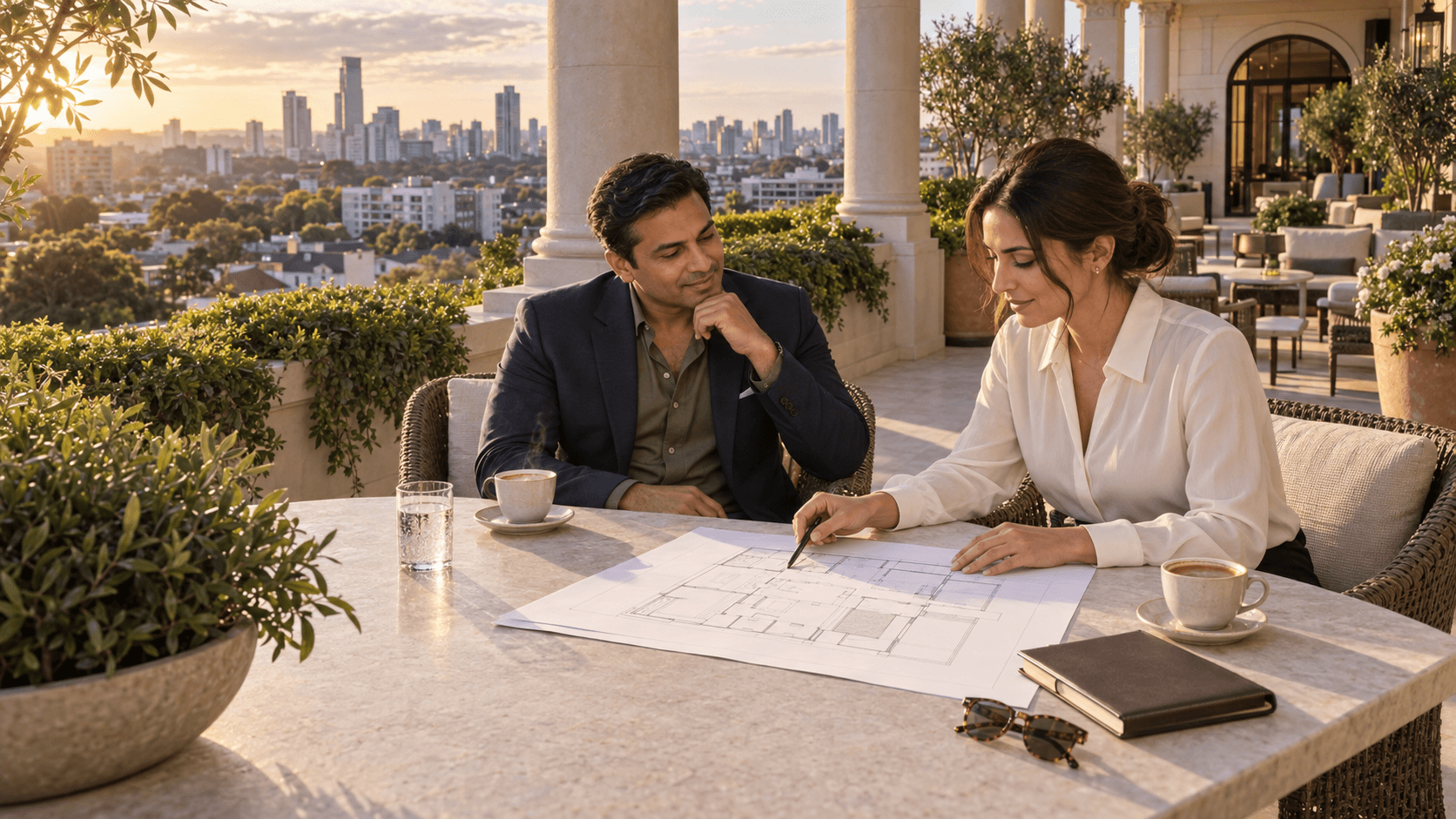 Founder and commercial adviser reviewing expansion plans on a city terrace.