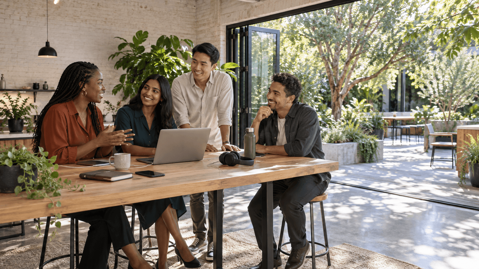 Team collaborating around a laptop in a workspace opening onto a leafy terrace.