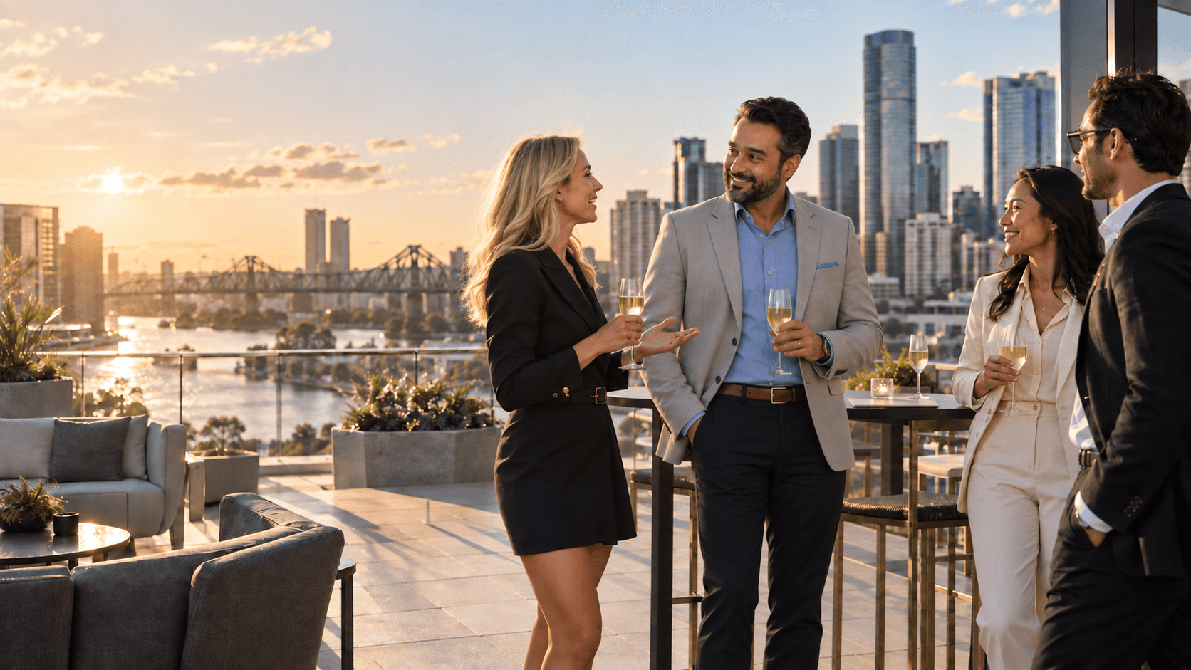 Business leaders in conversation on a Brisbane rooftop at sunset.