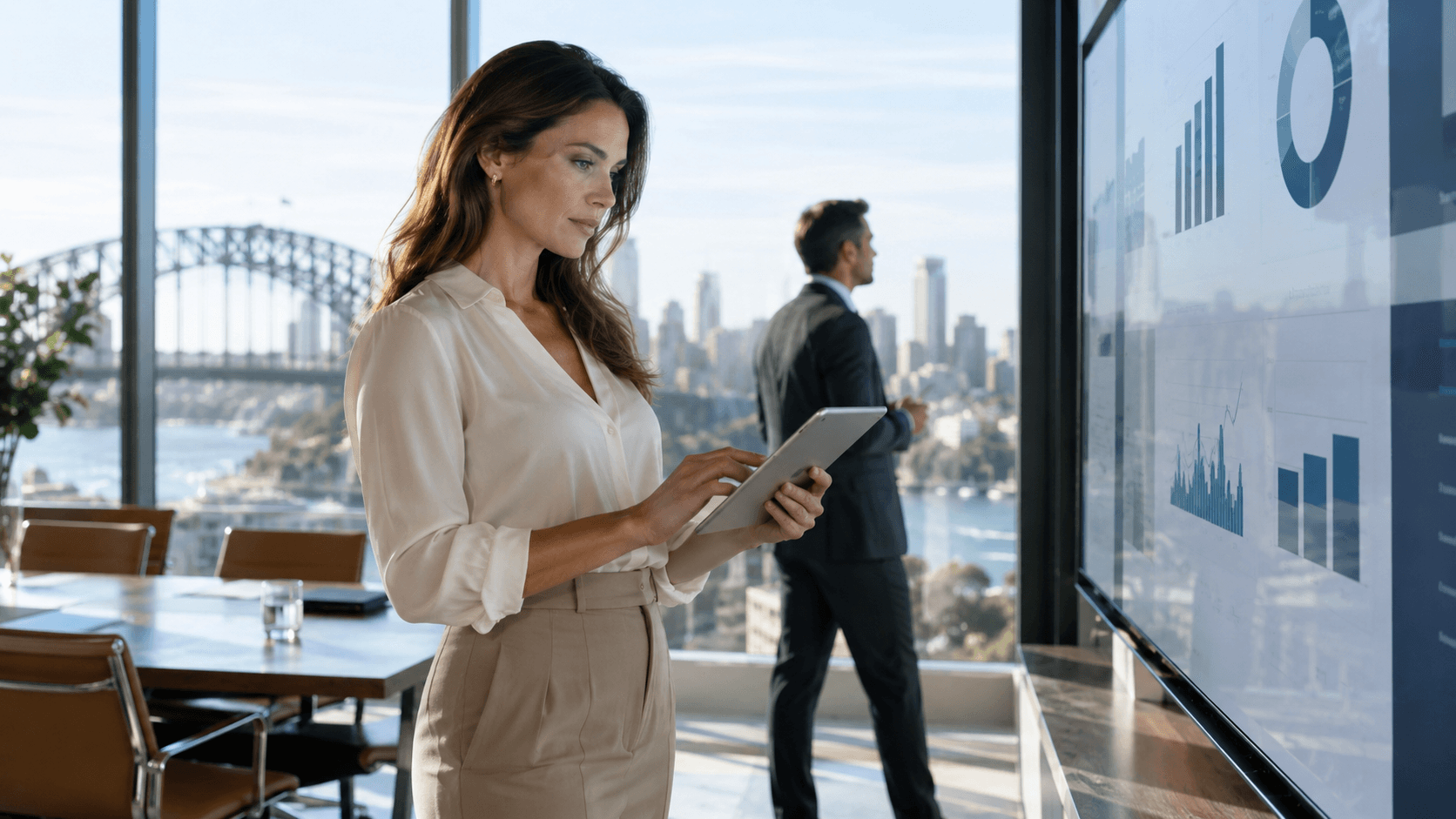 A finance leader reviewing performance information on a tablet.