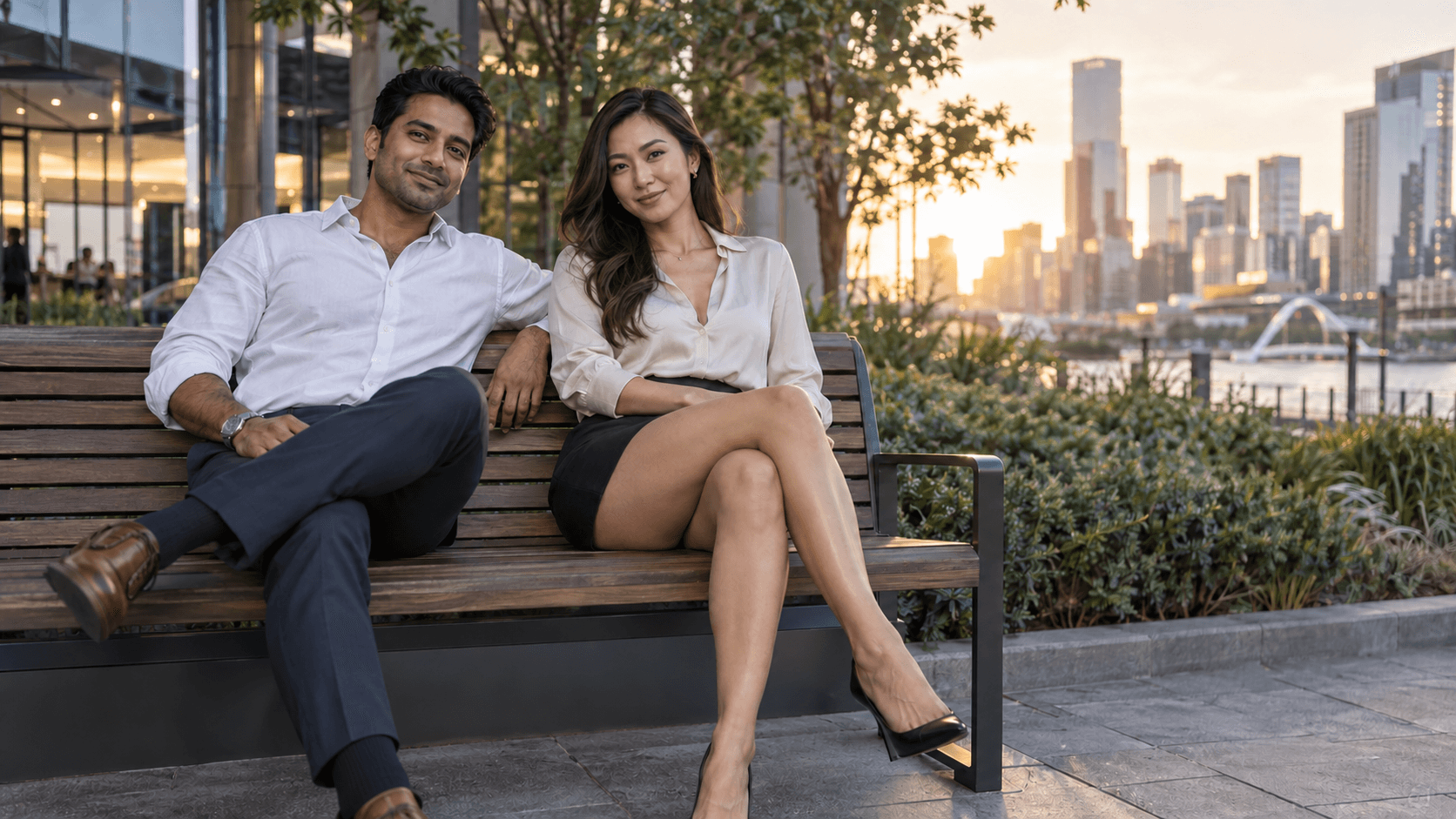 A couple in quiet conversation overlooking the city at sunset.